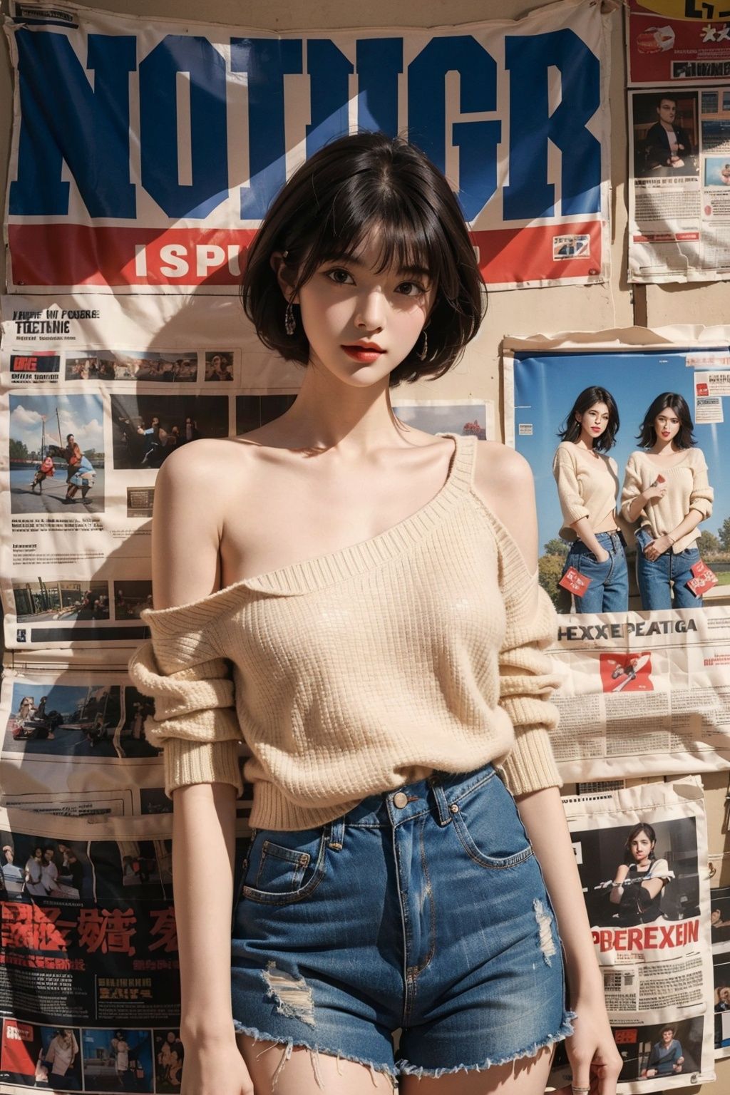 masterpiece, 1girl ((newspaper background)), black short hair,bangs,blush, looking at viewers, happy, ((side)), whole body, Sweater, shoulder cutout, Denim hot pants, Shorts, jewelry, (studio light), soft light, official art, beautiful and aesthetic:1.2), extreme detailed, (joshua middleton comic cover art:1.1), (1girl:1.4), (concretism:1.2), (hypermaximalistic:1.5), highest detailed, huliya, (Action painting:1.2), Ray tracing, best quality, best quality,huliya,fox