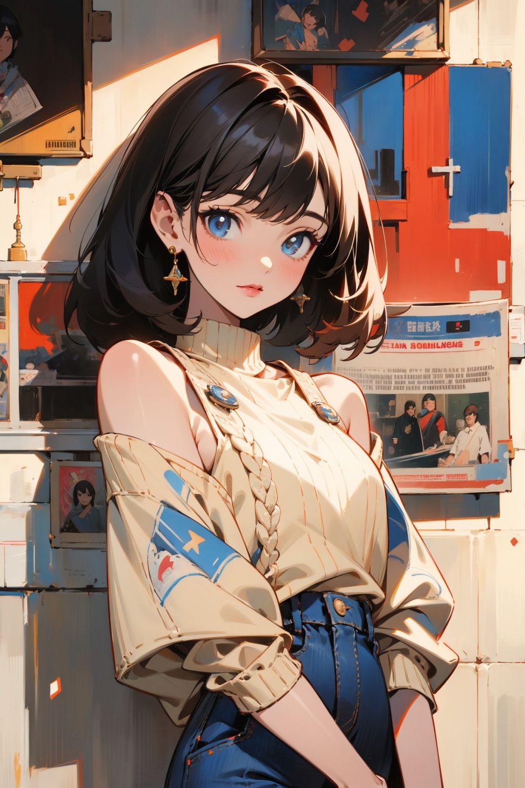 masterpiece, 1girl ((newspaper background)), black short hair,bangs,blush, looking at viewers, happy, ((side)), whole body, Sweater, shoulder cutout, Denim hot pants, Shorts, jewelry, (studio light), soft light, official art, beautiful and aesthetic:1.2), extreme detailed, (joshua middleton comic cover art:1.1), (1girl:1.4), (concretism:1.2), (hypermaximalistic:1.5), highest detailed, huliya, (Action painting:1.2), Ray tracing, best quality, best quality,huliya,fox