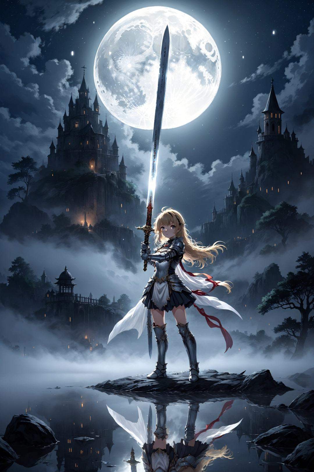 anime,  holy knight girl holds up large sword,  reflection on Tensor.Art