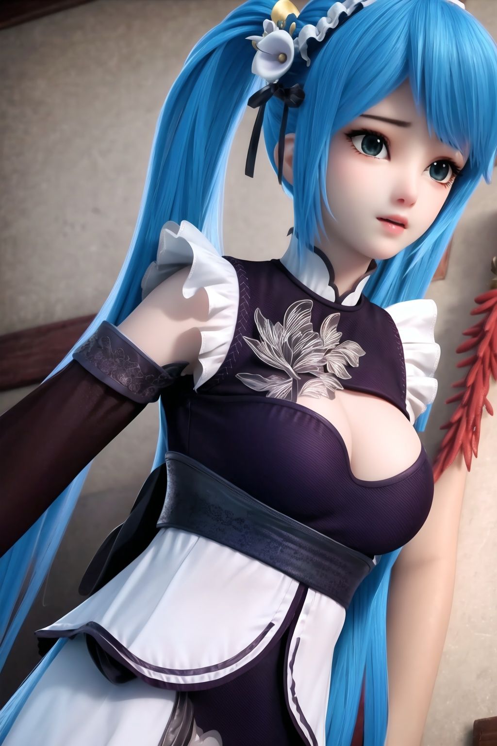 (8k, RAW photo, best quality, masterpiece:1.2),(realistic, photorealistic:1.3), ultra-detailed, extremely detailed cg 8k wallpaper,(crystalstexture skin:1.2), extremely delicate and beautiful,1girl, blue_hair, long_hair, twintails, solo, lips,(full shot), (breasts, medium breasts:0.6, cleavage), looking_at_viewer, 