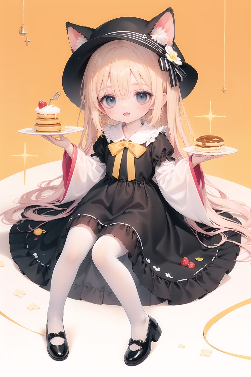 (cinematic lighting),  dreamy atmosphere,  Ray tracing,  (((solo))),  (loli:1.5),  (child:1.5),  (petite:1.5),  green eyes,  (animal ears),  dress,  solo,  food,  blonde hair,  open mouth,  long hair,  pancake,  flower,  holding,  bow,  **ile,  fork,  bird,  socks,  looking at viewer,  shoes,  striped background,  holding fork,  bonnet,  striped,  frills,  long sleeves,  :d,  yellow dress,  bangs,  eyebrows visible through hair,  blush,  green nails,  hair bow,  nail polish,  diagonal stripes,  chick,  sparkle,  frilled dress,  orange bow,  fruit,  full body,  :3,  hair between eyes,  green bow,  puffy sleeves,  heart,  lemon,  orange footwear,  animal ear fluff,  white bow,  cat ears,  bobby socks,  orange headwear,  see-through sleeves,  blue background,  striped bow,  hair ornament,  white legwear,  mary janes
