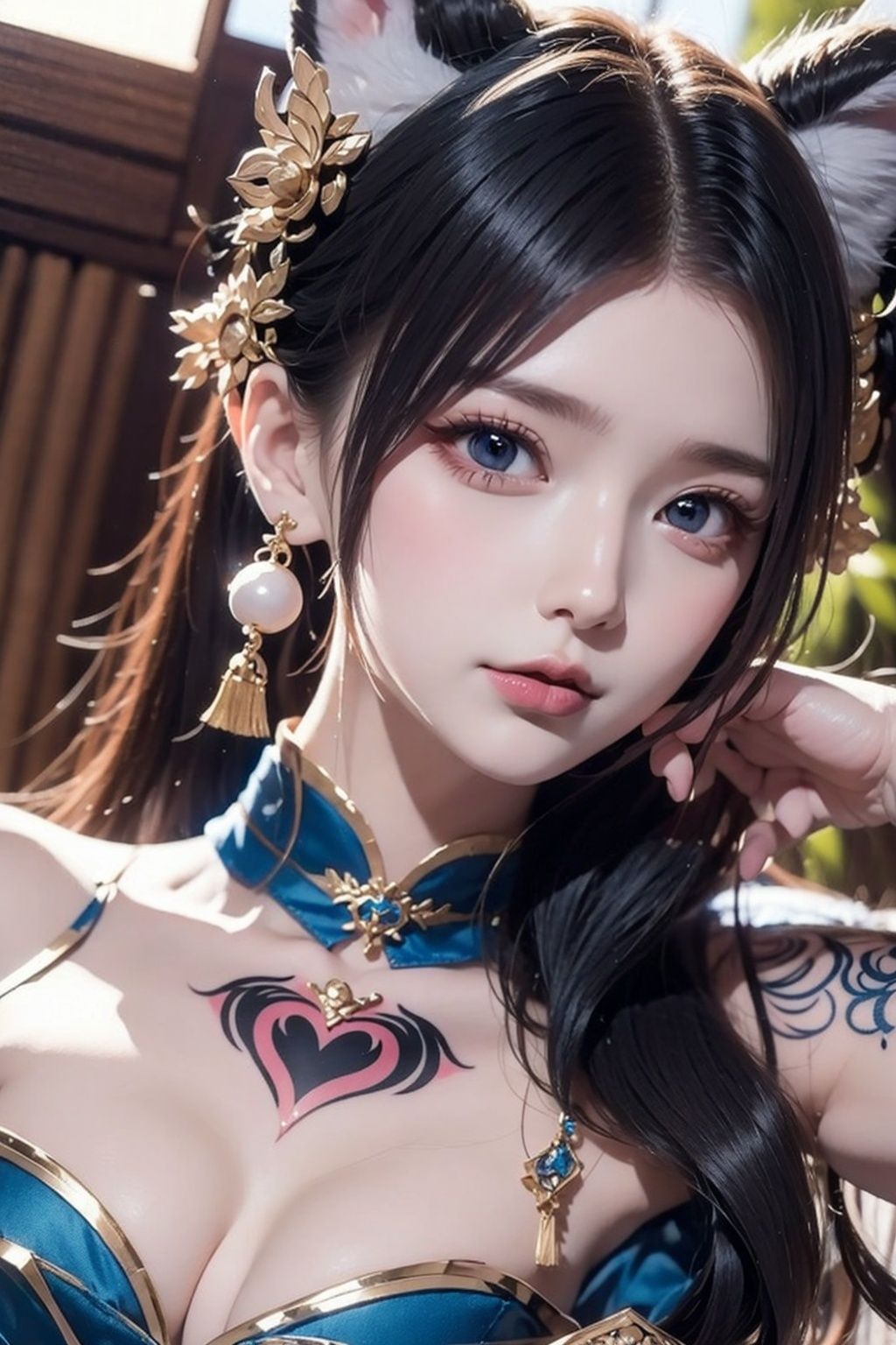 Very detailed CG unified 8K wallpapers,most beautiful artwork in the world,1girl,fox,fox ears,The upper part of the body,Closed_Mouth, nose,Earrings, jewelry, Lips,1girl
arm_tattoo
black_hair
blue_eyes
breasts
choker
cleavage
earrings
heart_tattoo
jewelry
lips
lipstick
long_hair
makeup
midriff
red_lips
shoulder_tattoo
solo
tattoo
rating:safe,1 girl,shenzilp,yuyao,glint sparkle