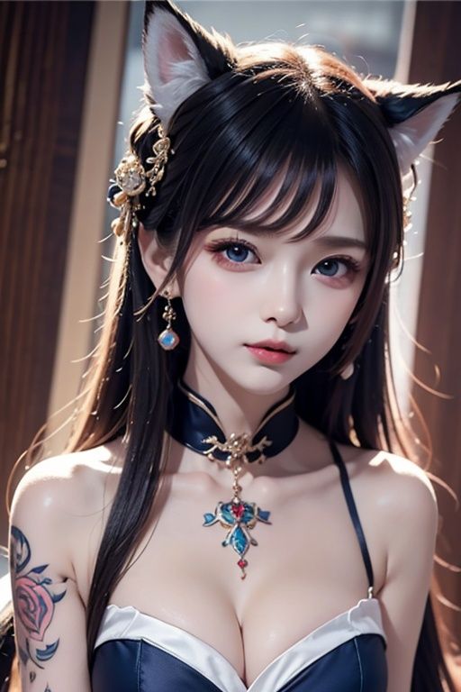 Very detailed CG unified 8K wallpapers,most beautiful artwork in the world,1girl,fox,fox ears,The upper part of the body,Closed_Mouth, nose,Earrings, jewelry, Lips,1girl
arm_tattoo
black_hair
blue_eyes
breasts
choker
cleavage
earrings
heart_tattoo
jewelry
lips
lipstick
long_hair
makeup
midriff
red_lips
shoulder_tattoo
solo
tattoo
rating:safe,1 girl,shenzilp,yuyao,glint sparkle