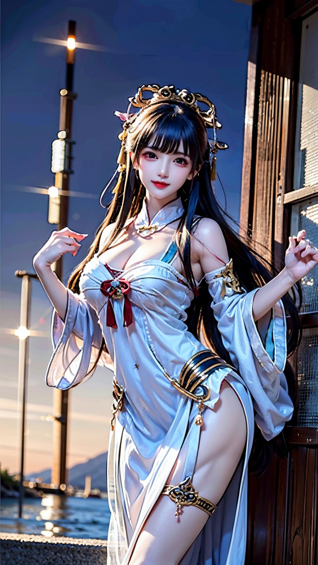 (guanyin:1.3),(1girl:1.8),(solo:1.8), beautiful, ultra realistic, ultra clear image quality, 8k, exquisite landscape background, enchanting figure,hand placed behind, background with Holy Light Rune flashing, soft light. The water below shimmered with light. The other shore flower has a large chest, a navel exposed, Official art, unit 8K wallpaper, ultra detailed, beautiful and aesthetically pleasing, masterpiece, best quality, very detailed, dynamic angle, paper skin, elegant, fauvi** design, visual color, romantici**, divine realm In a painting, standing on sea, and her presence radiates strength. (Masterpiece, best quality, more details, vertical, realistic, realistic, one detail, clear focus, movie lighting), ray tracing, ultra wide angle, 4K, award-winning,1 little girl, masterpiece, highest quality, high quality, cute, white hair, Rabbit ears, plump figure, exposed white dress, （red eyes：1.3）, sparkling eyes, shy expression, big_breast,huliya,1 girl,yuyao