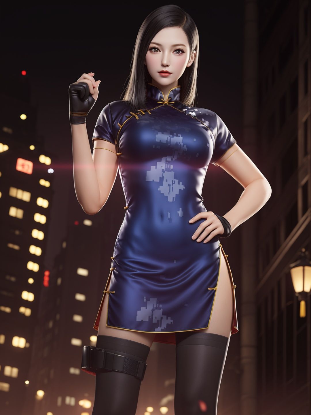 CFlanBW, 1girl, solo,china dress,black hair, long hair, black thighhighs, gloves, side slit, lips, thigh holster, <lora:CFlanBW:0.75>,cityscape, night, looking at viewer, mature female, hand on hip, 