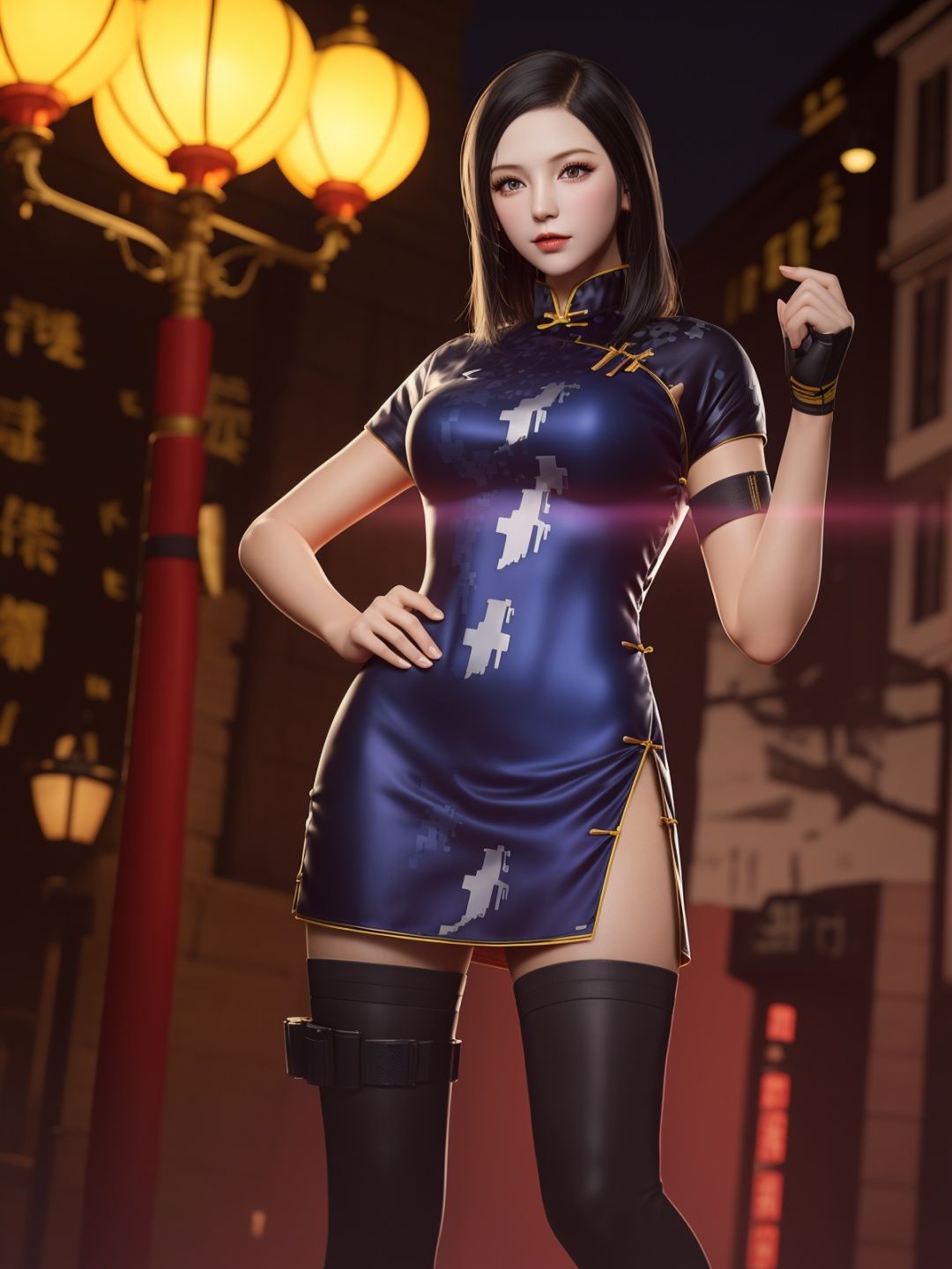 CFlanBW, 1girl, solo,china dress,black hair, long hair, black thighhighs, gloves, side slit, lips, thigh holster, <lora:CFlanBW:0.75>,cityscape, night, looking at viewer, mature female, hand on hip, 