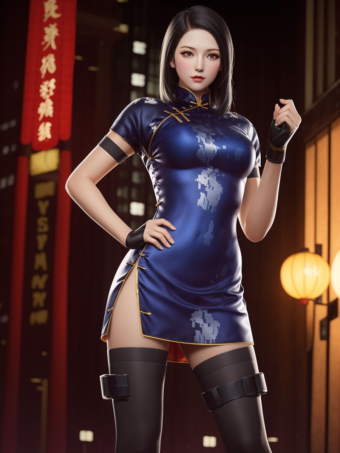 CFlanBW, 1girl, solo,china dress,black hair, long hair, black thighhighs, gloves, side slit, lips, thigh holster, <lora:CFlanBW:0.75>,cityscape, night, looking at viewer, mature female, hand on hip, 