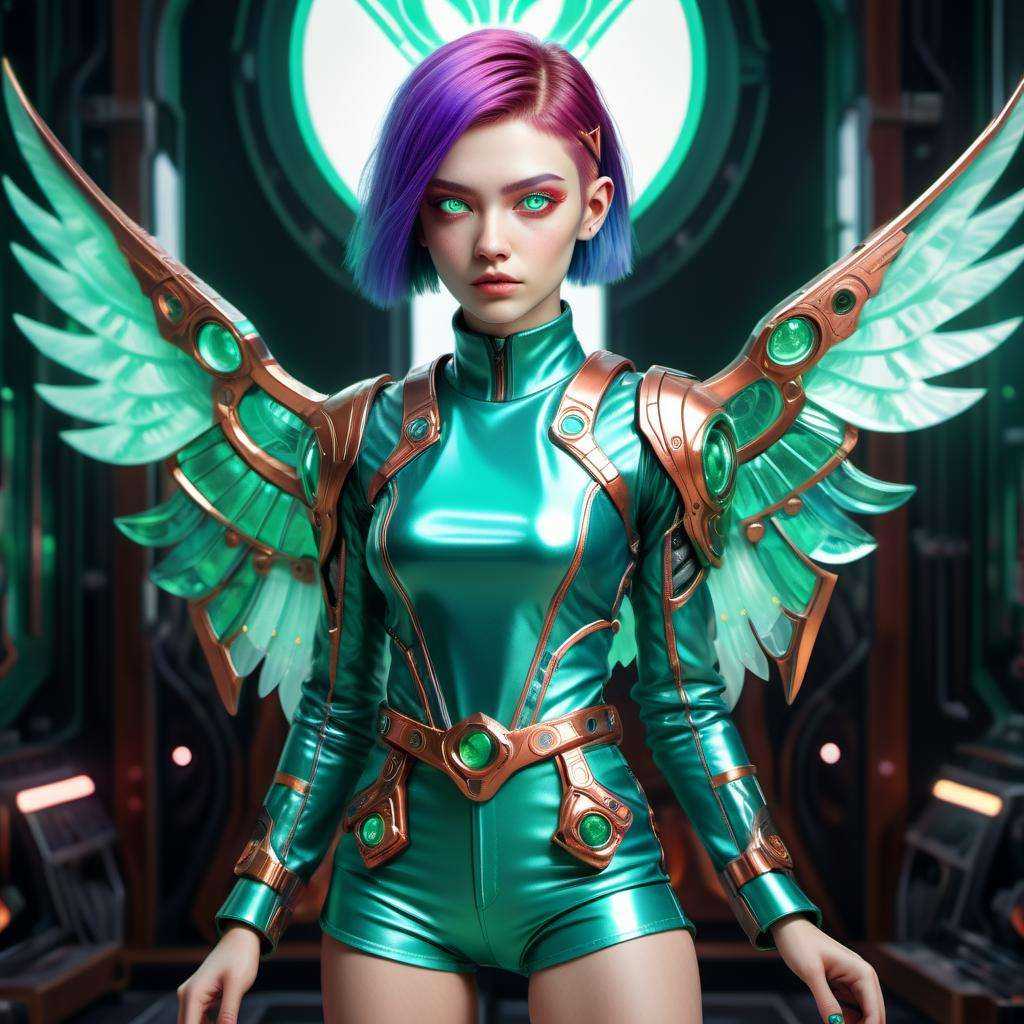 ((best quality)), ((masterpiece)), ((realistic,digital art)), (hyper detailed),DonMBl00mingF41ryXL female Digital Art Hacker, Virtual Constructs, Digital entities existing purely in virtual reality, taking on various forms and functions, Young *****, Muscular, Russian, Amber eyes,     Asymmetrical Cheeks, Unusual Forehead, Heart face shape, Artistic Tattoos, Soft and ethereal makeup , Emerald Green Shag haircut hair, Gratitude, Cybernetic Extension, Character extends a cybernetic limb or appendage, showcasing its capabilities., Gravitational Thruster Wings wearing PaleMint  Ikat Holo-Mesh Flared Pants, Cobalt  Tribal Cyber-Denim Flare Skirt, Holographic Blouson Combat Boots, ,  and, Tense Crouch, Character crouches low with arms tensed, prepared for a sudden action., raytracing, HDR,8K<lora:DonMBl00mingF41ryXL-000005:0.75>