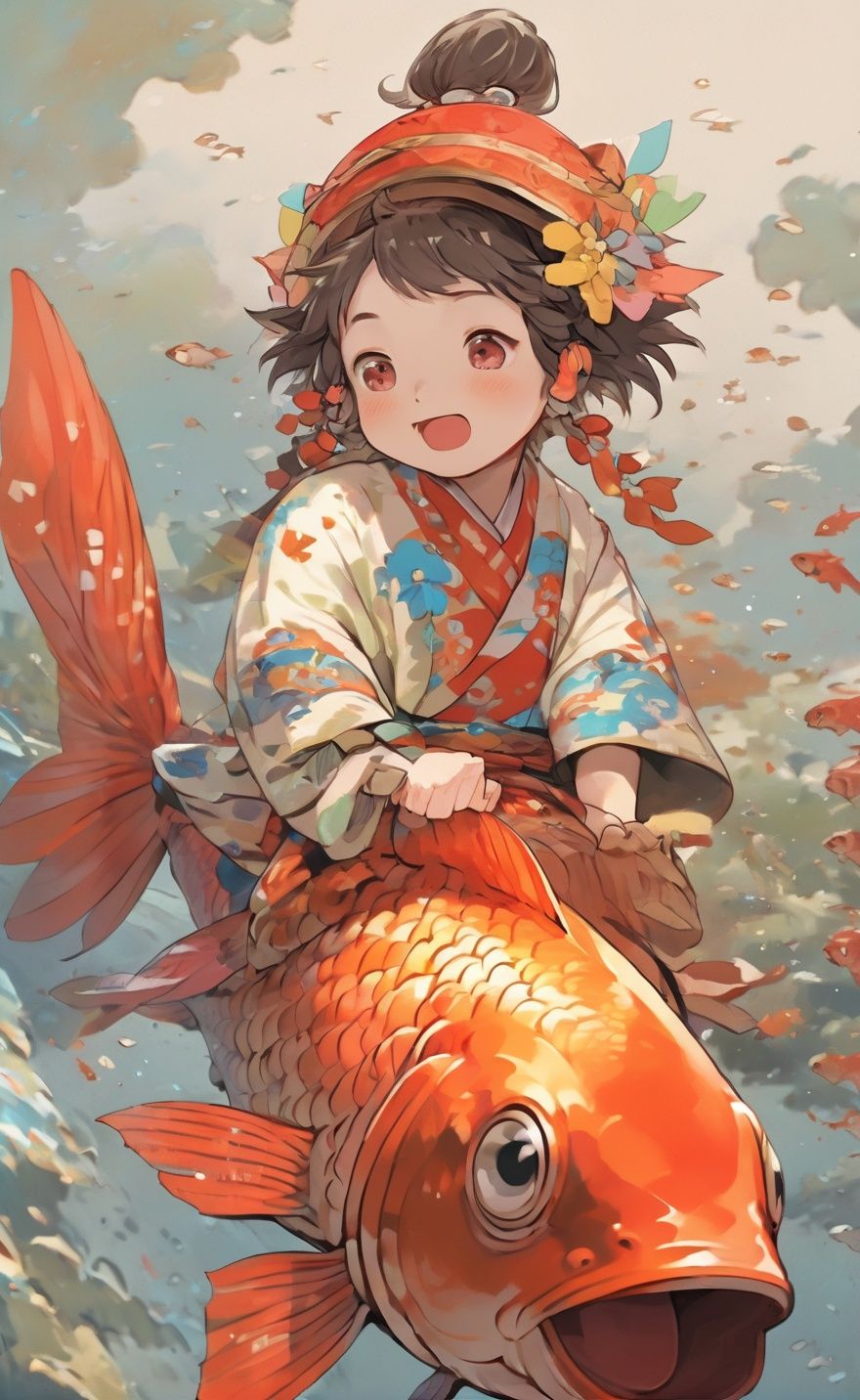 (the cover text is' lucky ':1.3),masterpiece,(best quality:1.3),<lora:koi:1>,1girl,KOI,giant koi,in water,