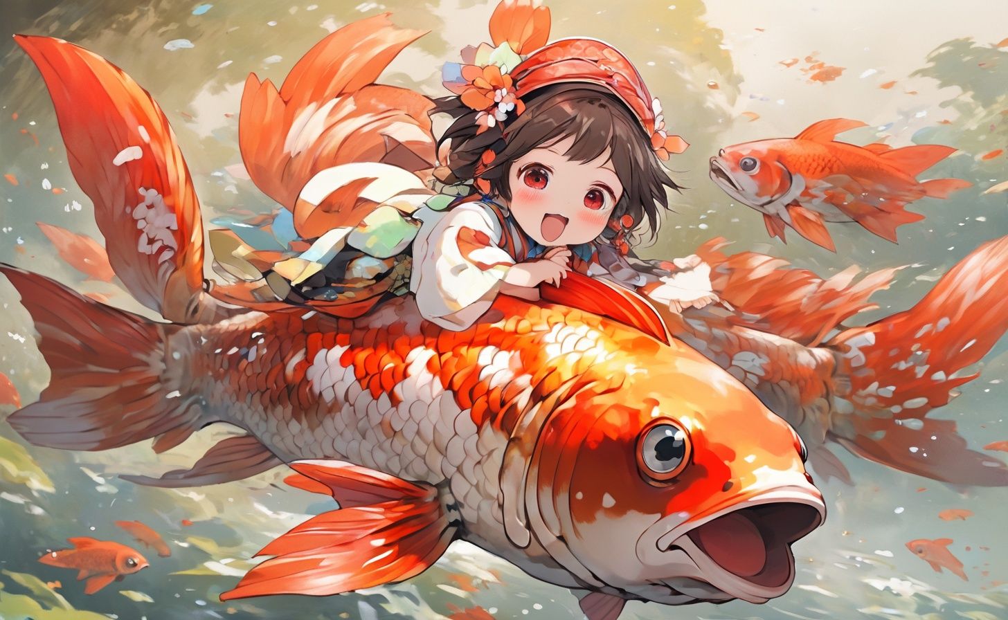 masterpiece,(best quality:1.3),<lora:koi:1>,1girl,KOI,giant koi,in water,lucky english letters appear,