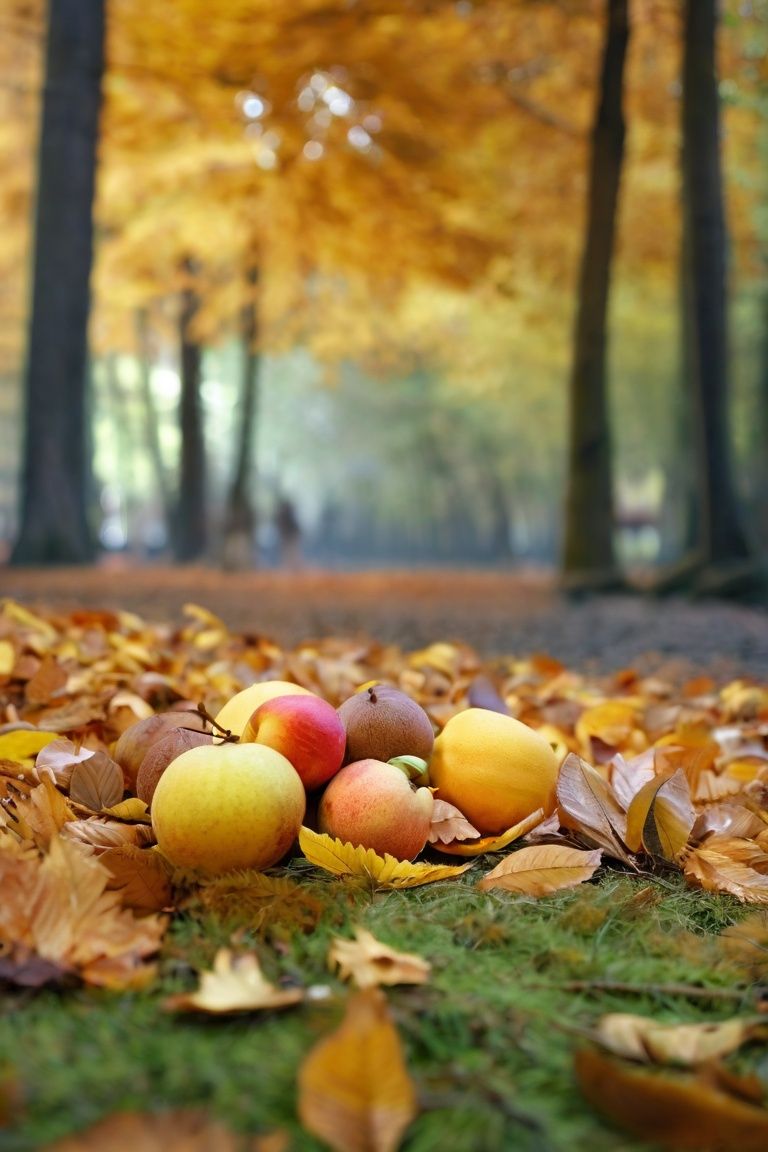  Harvested fruits lie on the forest surface, autumn tranquility, soft light, (autumn theme), beautiful autumn woods, Fuji, bokeh