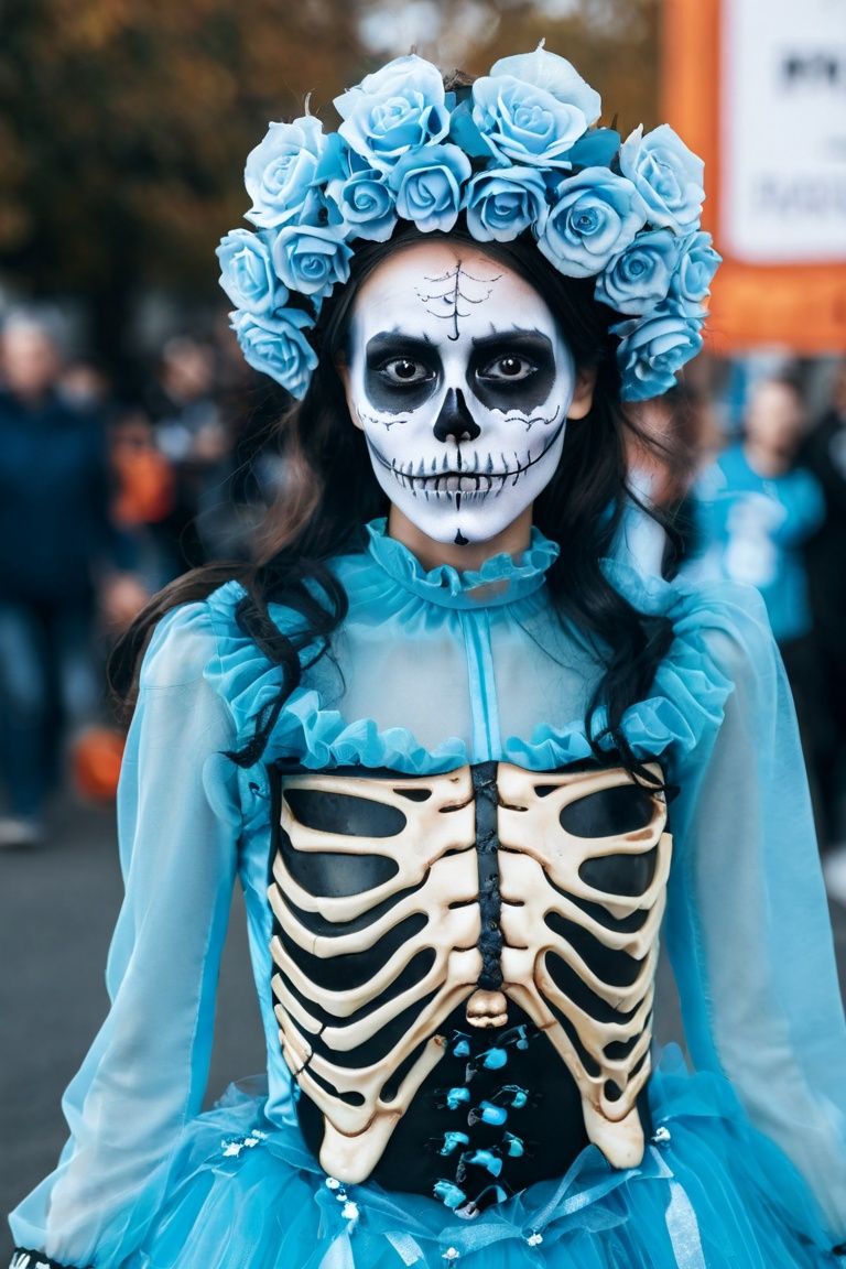  A girl, with a human face and a skeletal body, mixed in the procession of Halloween parade in a blue theme