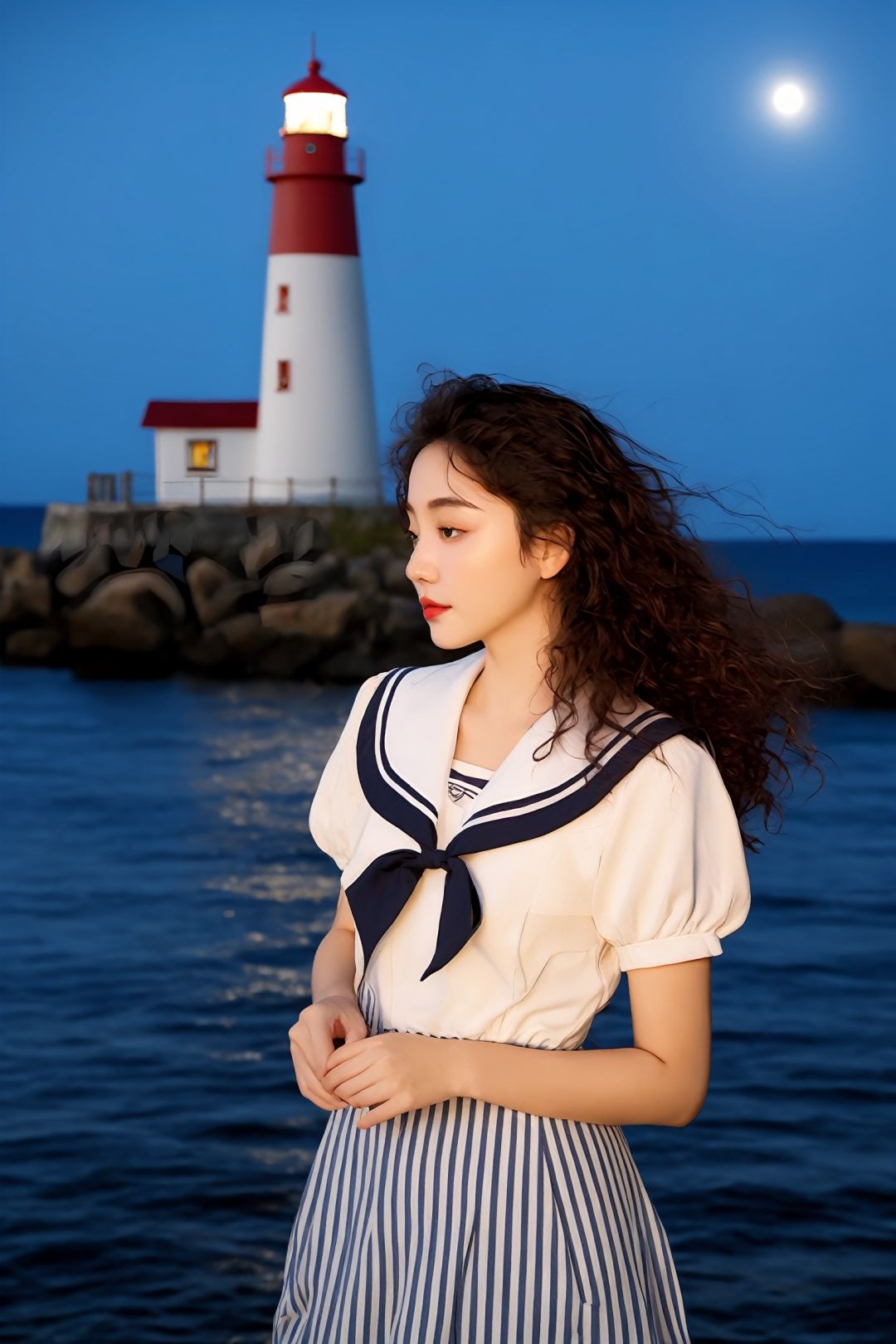  Real photos (1girl: 1.2), curly hair, (sailor suit: 1.3), (realistic style), (lonely lighthouse standing on the shore), (night), (moonlight), (breeze), (sparkling water), a clear stream flowing slowly, (natural scenery), (distant mountains), (starry sky), (peaceful atmosphere), master work, high detail, (close-up of characters)