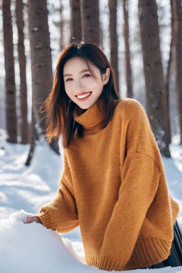 A girl, Asian beautiful woman, model, wearing sweater, leather skirt, smile, close-up, thick white snow lying on the forest surface, winter tranquility, strong light, (winter theme), beautiful winter woods, Fuji, bokeh