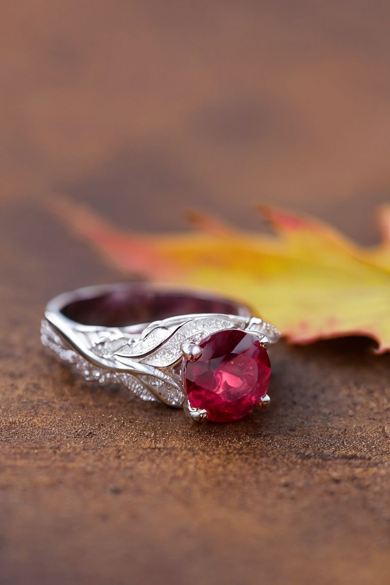 Dead leaf covering ring, ruby ring, (advertising flyer), sparkling gemstone ring, Fuji, bokeh