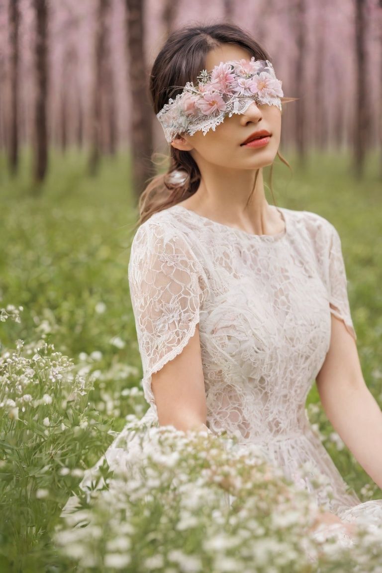  A girl, closeup, real, beautiful woman, model, lace dress, high definition, 32k, wallpaper, poster,Flowers lie on the forest surface, the serenity of spring, soft light, (spring theme), beautiful spring woods, Fuji, bokeh,Flower Blindfold