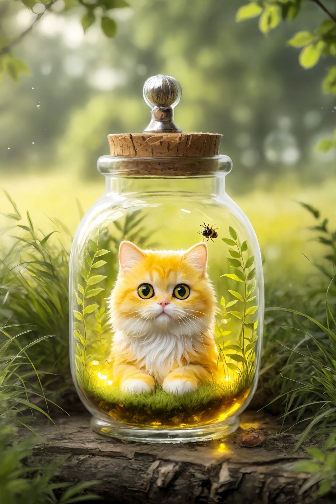  yellow_eyes, outdoor, fuzzy, tree, no_humans, depth_of_field, blurry_background, glow, animal, cat in clear glass bottle, grass, bug, plant, nature, forest, reality, animal_focus, beard, jar, honey, gfbottle,cute animal, yiji,jinjianceng