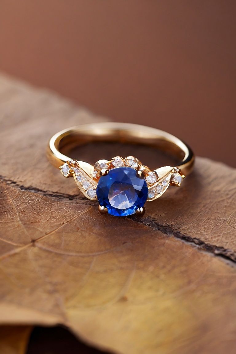 Dead leaf covering ring, sapphire ring, (advertising flyer), sparkling gemstone ring, Fuji, bokeh