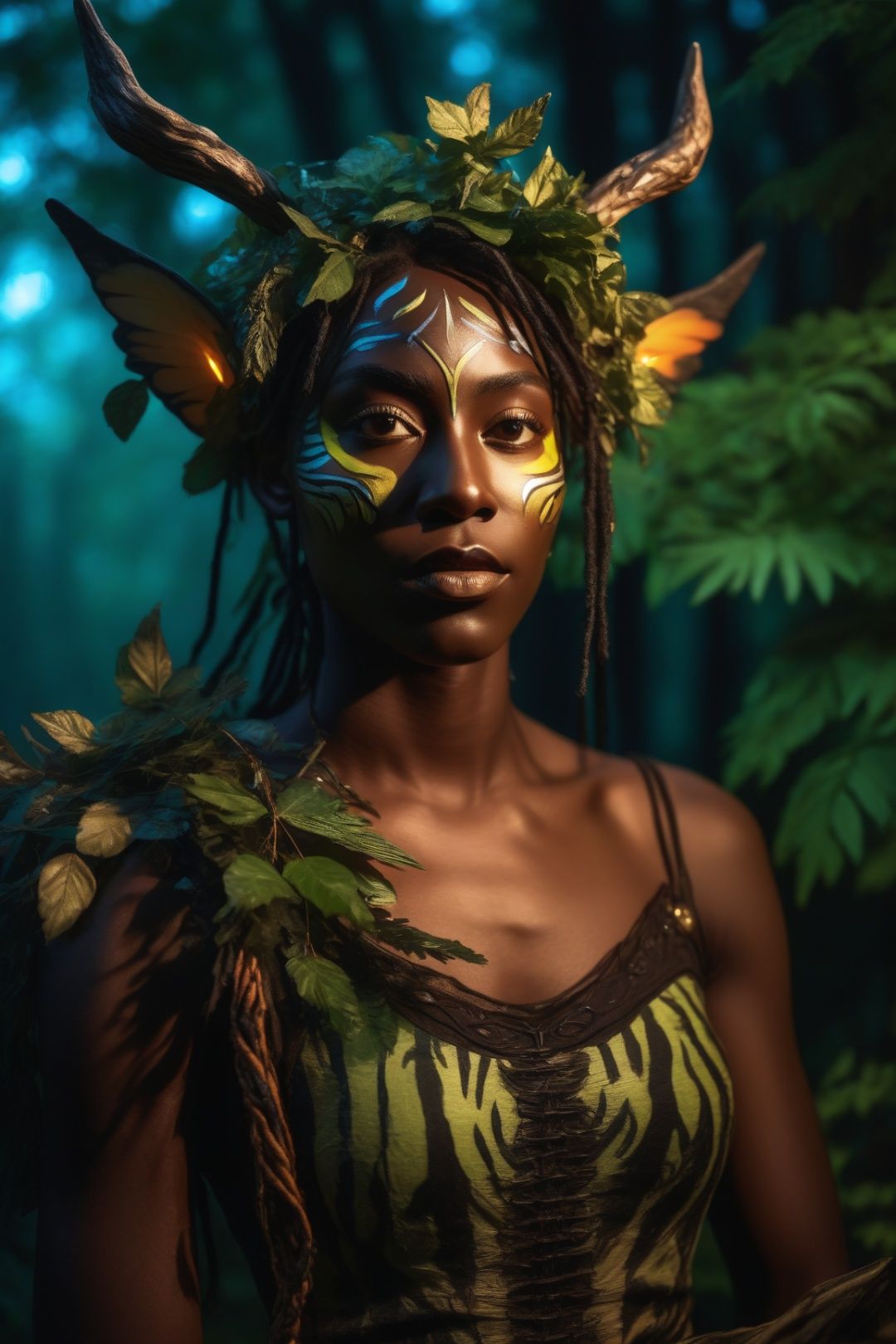  (Masterpiece), (best quality), professional photo, detailed,), (forest fairy), night elf, (firefly), handsome face, healthy dark skin, hunter costume, carrying weapons, tiger-like patterns on the face, model photography, delicious light, shadow puppetry, (wallpaper), 8k, high resolution, (specular reflection), exquisite style, natural light and shadow, real light and shadow,