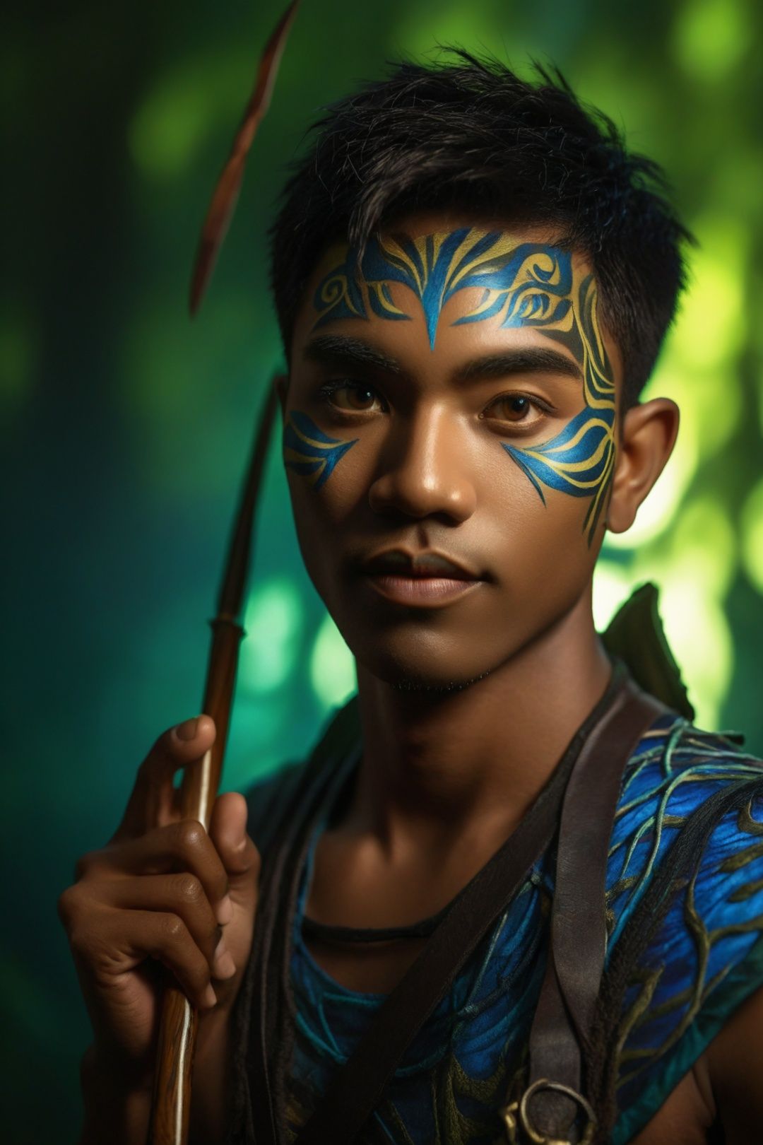  (Masterpiece), (best quality), professional photo, detailed,), (forest fairy), night elf, (firefly), handsome face, healthy dark skin, hunter costume, carrying weapons, tiger-like patterns on the face, model photography, delicious light, shadow puppetry, (wallpaper), 8k, high resolution, (specular reflection), exquisite style, natural light and shadow, real light and shadow, Oouguancong