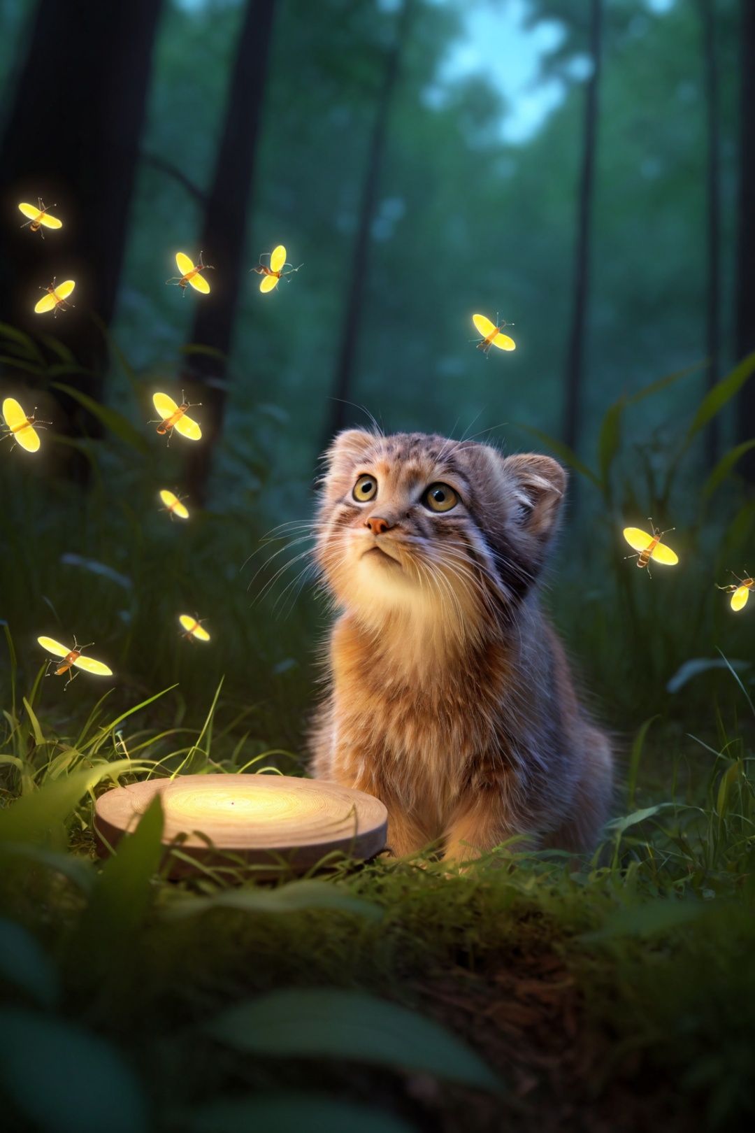  Cute, cub,A magical forest where various animals are having a concert under the glow of fireflies, (animals playing instruments), (fireflies illuminating the scene), (rich forest colors), (cinematic lighting), (strobe light), (depth of field use), (dynamic angles), (healthy skin), (Firefly - Forest)+(Animal - Musical instrument)+(Animal - Singer)+(Animal - Audience)+(Firefly light: 1.5)+(Firefly) + (vivid animation face) + (moderate chest: 1.1) + (incomparable beauty) + (1.25) fireflies flows: the forest, (Complex background), (Firefly falling background: 1.25)+(Firefly concentric circles: 1.25), cat, s4s the pallas's cat