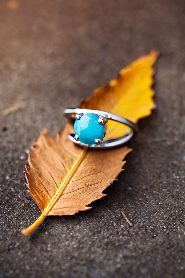 Dead leaf covering ring, turquoise ring, (advertising flyer), sparkling gemstone ring, Fuji, bokeh