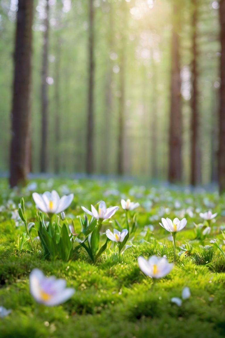  Flowers lie on the forest surface, the serenity of spring, soft light, (spring theme), beautiful spring woods, Fuji, bokeh