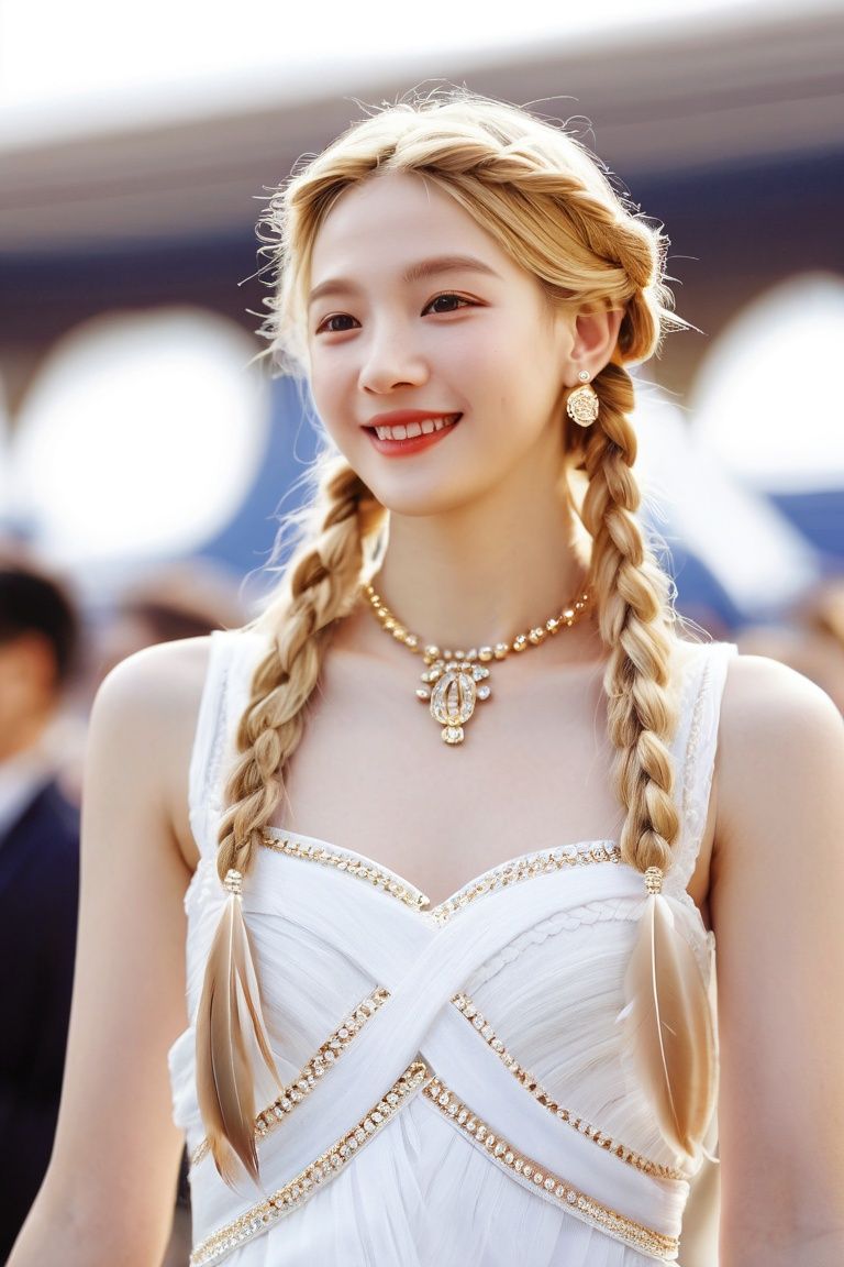  Libra, constellation 1 girl, solo, long hair, looking at the audience, smiling, blonde hair, dress, bare shoulders, jewelry, upper body, braids, earrings, necklace, white dress, double braids, lips, headgear, feathers, realistic