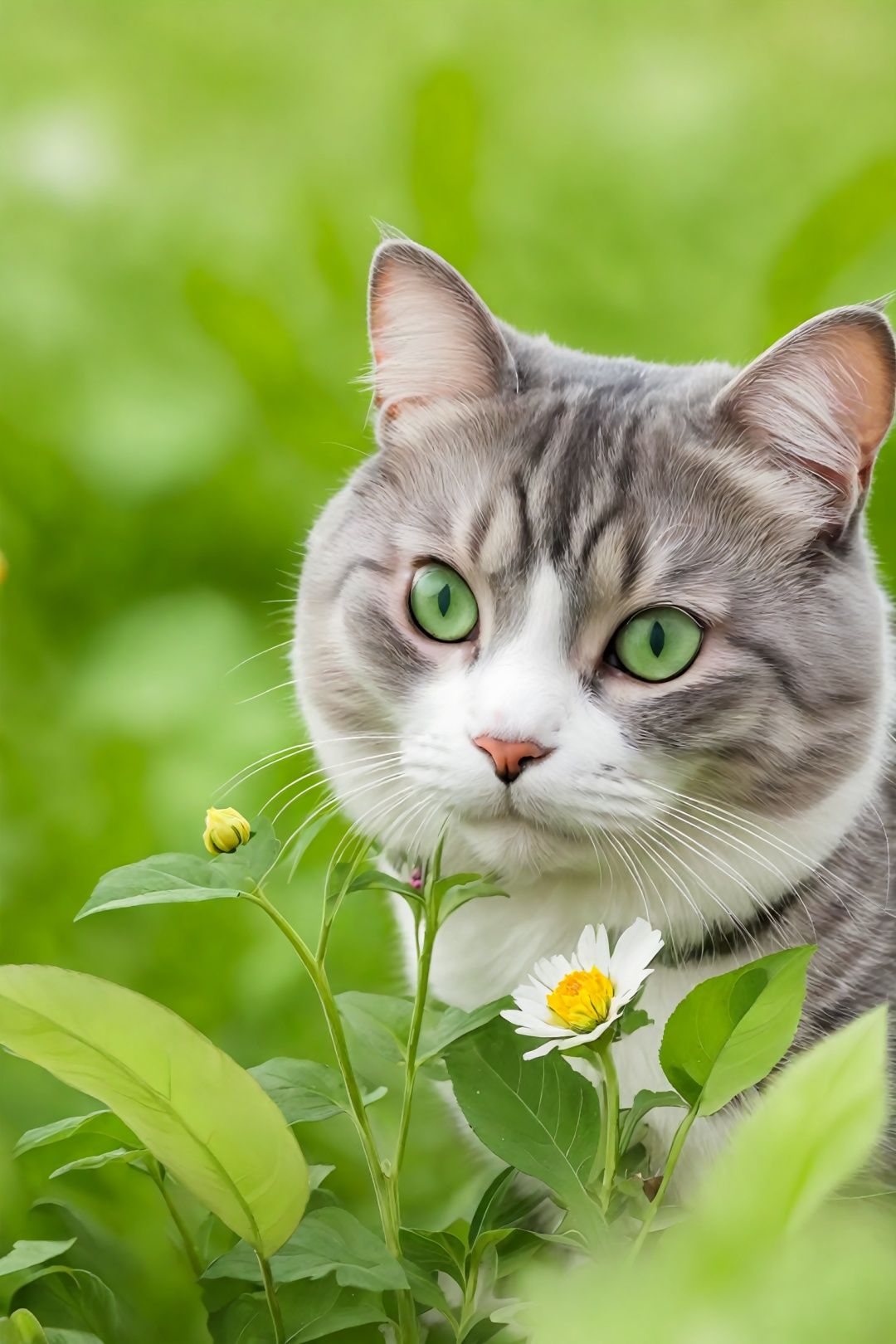 Solo, cat head, caterpillar body, green eyes, full body, flower, outdoor, no people, animals, leaves, grass, plants, animal focus, whiskers