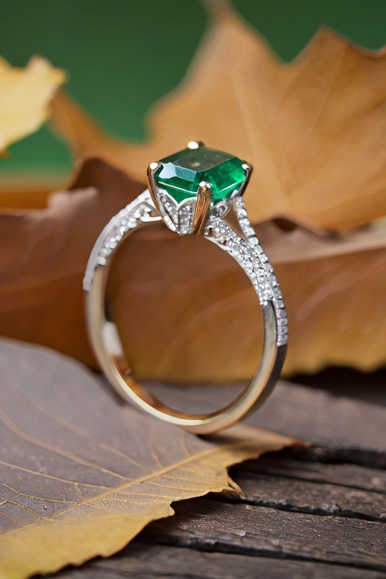 Dead leaf covering ring, emerald ring, (advertising flyer), sparkling gemstone ring, Fuji, bokeh