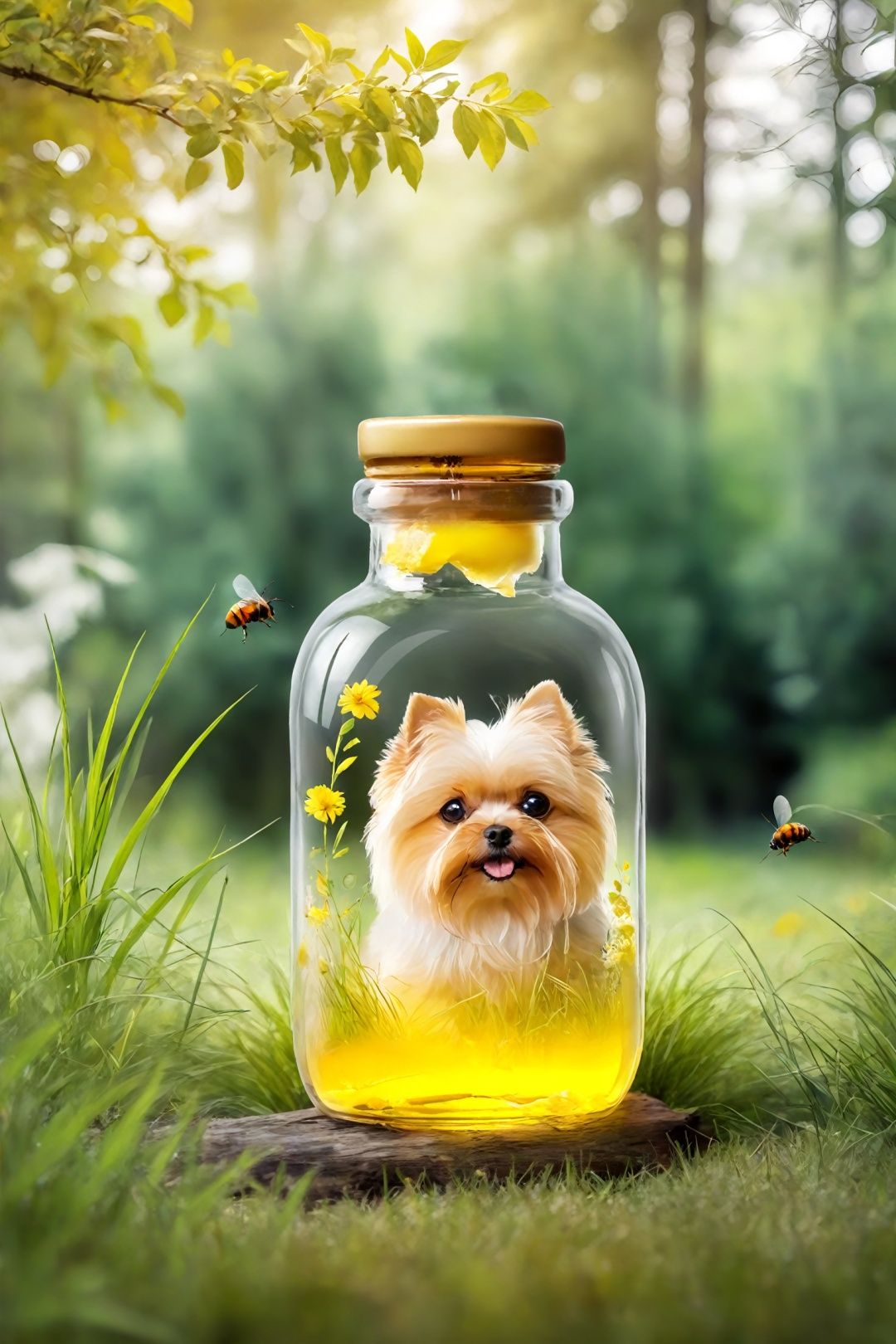  yellow_eyes, outdoor, fuzzy, tree, no_humans, depth_of_field, blurry_background, glow, animal, dog in clear glass bottle, grass, bug, plant, nature, forest, reality, animal_focus, beard, jar, honey,bichu