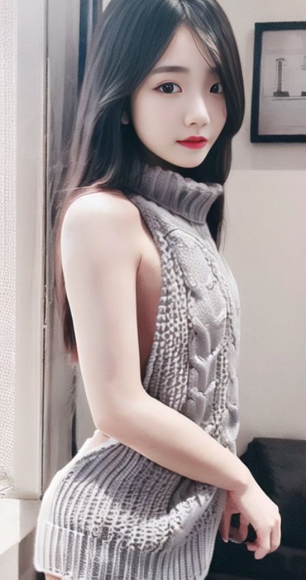 1girl, gray backlesssweater,standing, face, upper body,indoors,   <lora:backless_sweater:0.8> <lora:taiwanDollLikeness_v15:0.7>