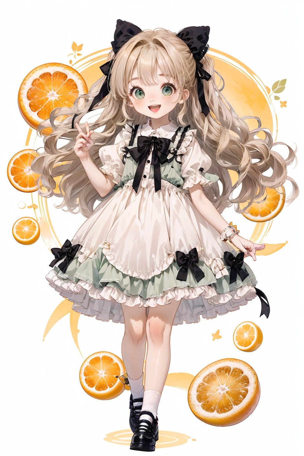 qzqban, 1girl, solo, bow, green eyes, dress, white dress, long hair, food, blonde hair, two side up, fruit, white background, short sleeves, smile, hair bow, black bow, puffy sleeves, shoes, full body, bangs, looking at viewer, simple background, open mouth, puffy short sleeves, :d, blush, standing, very long hair, standing on one leg, socks, fang, white socks, yellow footwear, hair intakes, holding