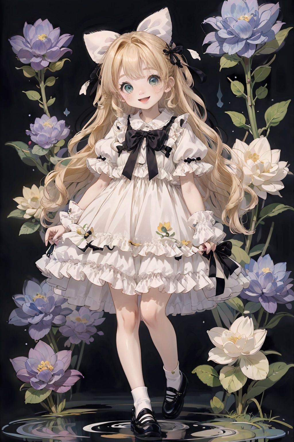 qzqban, 1girl, solo, bow, green eyes, dress, white dress, long hair, food, blonde hair, two side up, fruit, white background, short sleeves, smile, hair bow, black bow, puffy sleeves, shoes, full body, bangs, looking at viewer, simple background, open mouth, puffy short sleeves, :d, blush, standing, very long hair, standing on one leg, socks, fang, white socks, yellow footwear, hair intakes, holding