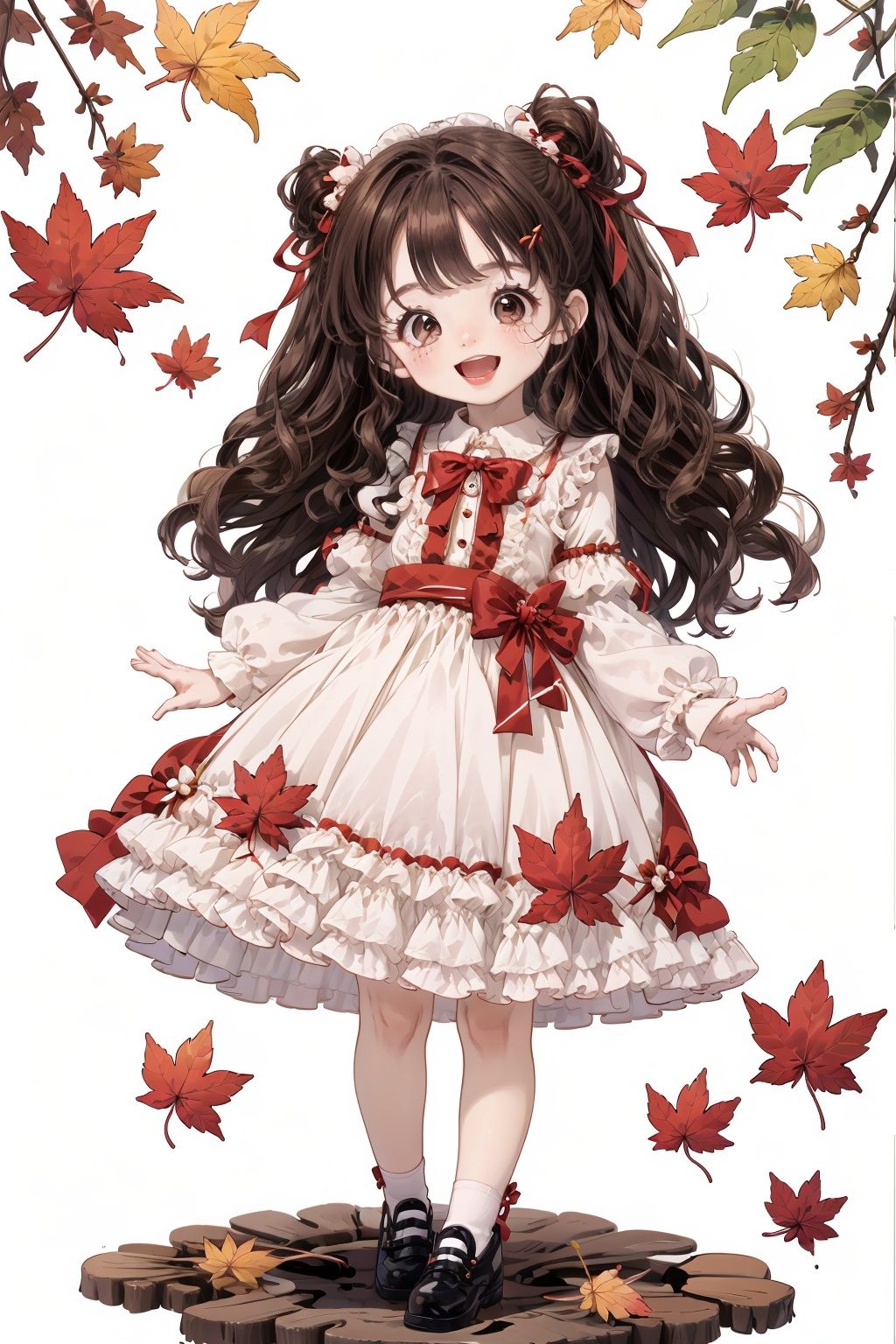 qzqban, 1girl, solo, dress, long hair, white background, brown hair, shoes, bow, smile, full body, looking at viewer, white socks, open mouth, two side up, socks, simple background, hair bow, standing, autumn leaves, leaf, maple leaf, hair ornament, long sleeves, bangs, frilled dress, chibi, upper teeth only, detached sleeves, frills, :d, teeth, mary janes, orange eyes, white dress, jack-o'-lantern, blush, red bow, pumpkin, bell, red footwear, orange dress, female child, white sleeves, round teeth