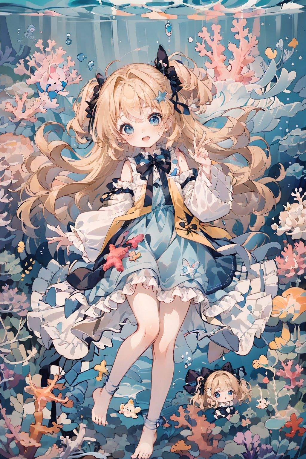 qzqban, 1girl, coral, blue eyes, blonde hair, barefoot, dress, smile, hair ornament, looking at viewer, long sleeves, bangs, chibi, blue dress, underwater, bubble, blush, fish, full body, solo, parted lips, starfish, frills, medium hair, open mouth, jellyfish, air bubble