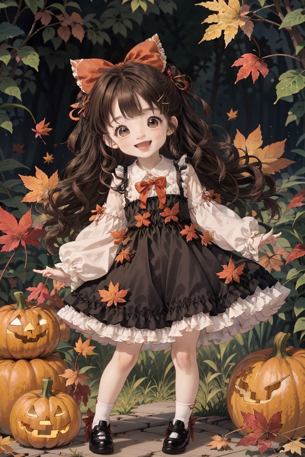 qzqban, 1girl, solo, dress, long hair, white background, brown hair, shoes, bow, smile, full body, looking at viewer, white socks, open mouth, two side up, socks, simple background, hair bow, standing, autumn leaves, leaf, maple leaf, hair ornament, long sleeves, bangs, frilled dress, chibi, upper teeth only, detached sleeves, frills, :d, teeth, mary janes, orange eyes, white dress, jack-o'-lantern, blush, red bow, pumpkin, bell, red footwear, orange dress, female child, white sleeves, round teeth