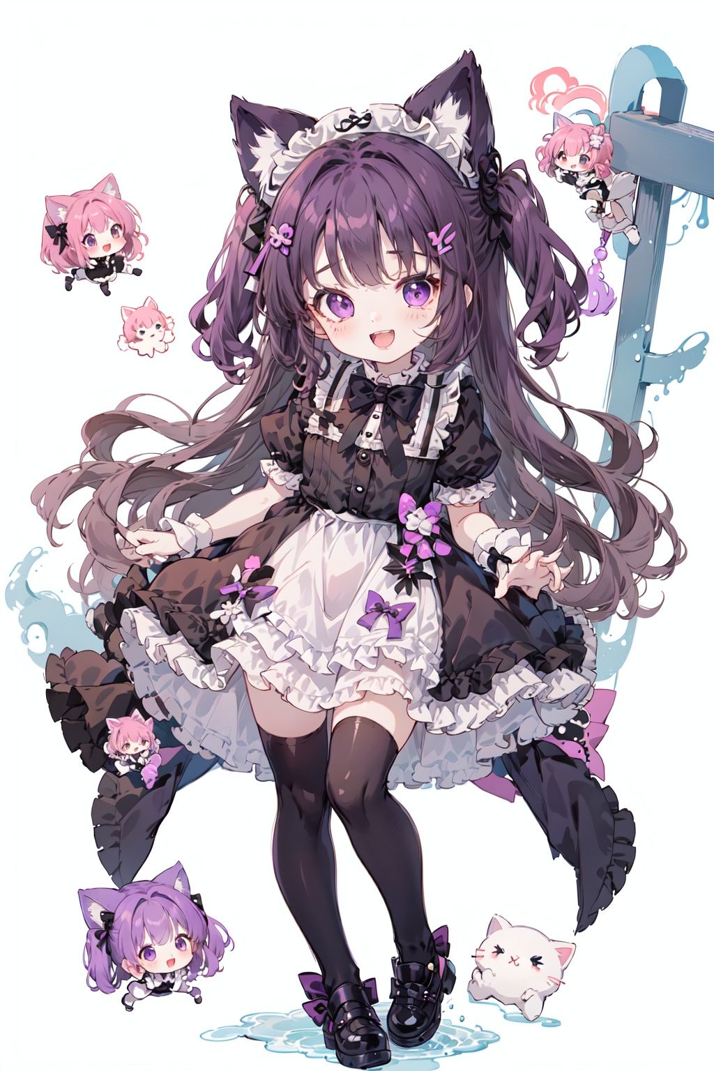 qzqban, 1girl, purple hair, animal ears, black footwear, solo, purple eyes, thighhighs, bow, long hair, white background, full body, simple background, white thighhighs, black bow, two side up, shoes, smile, short sleeves, looking at viewer, cat ears, cat, wrist cuffs, bangs, chibi, skirt, animal ear fluff, frills, hair bow, open mouth, very long hair, black skirt, shirt, standing, white shirt, maid headdress, puffy sleeves, :d, maid, blush, hair ornament, puffy short sleeves, teeth, animal