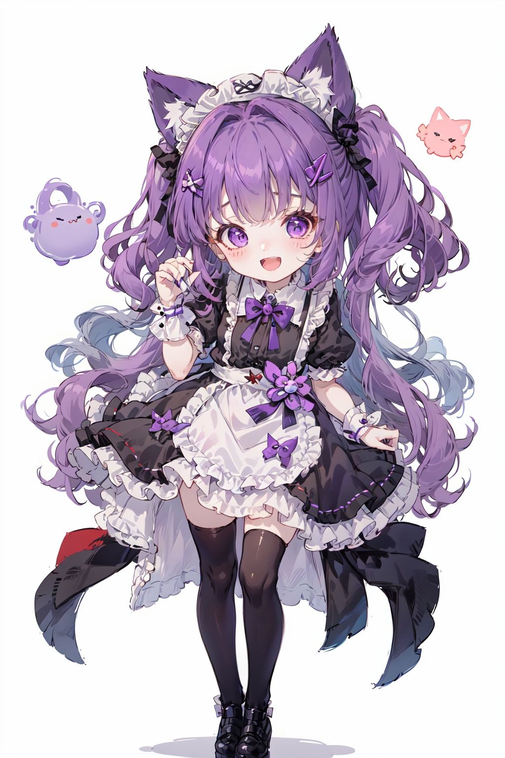 qzqban, 1girl, purple hair, animal ears, black footwear, solo, purple eyes, thighhighs, bow, long hair, white background, full body, simple background, white thighhighs, black bow, two side up, shoes, smile, short sleeves, looking at viewer, cat ears, cat, wrist cuffs, bangs, chibi, skirt, animal ear fluff, frills, hair bow, open mouth, very long hair, black skirt, shirt, standing, white shirt, maid headdress, puffy sleeves, :d, maid, blush, hair ornament, puffy short sleeves, teeth, animal