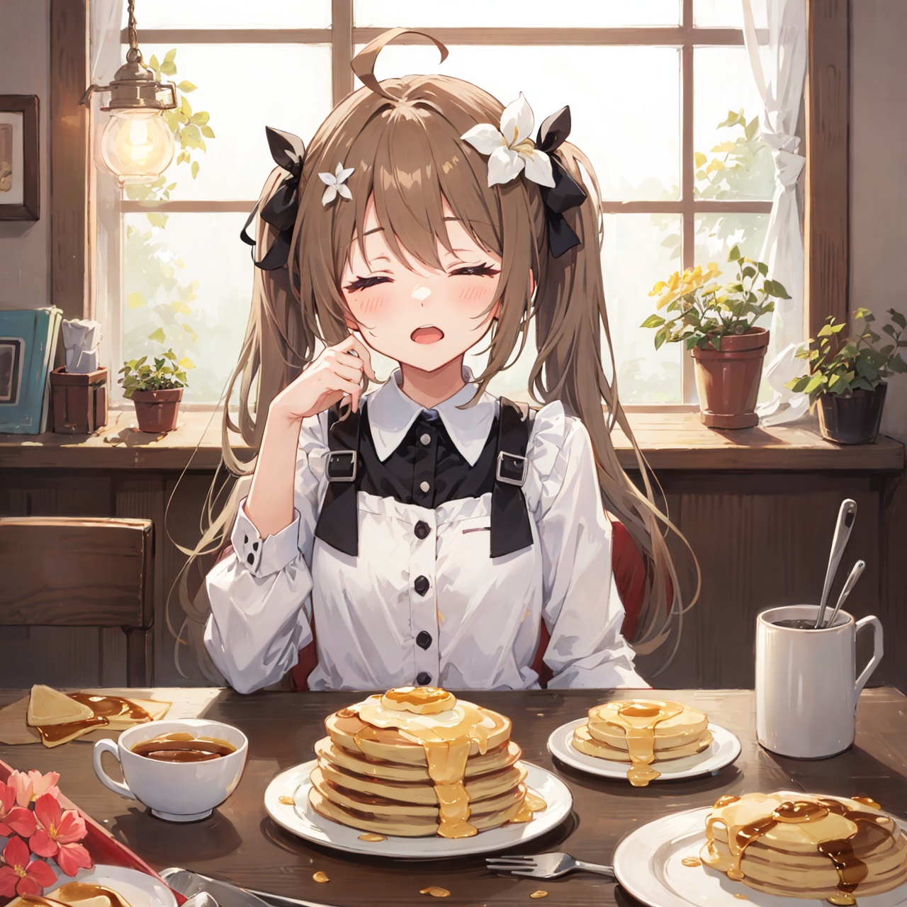 pancake stack,  1girl,  close eyes by SINGU AI on Tensor.Art