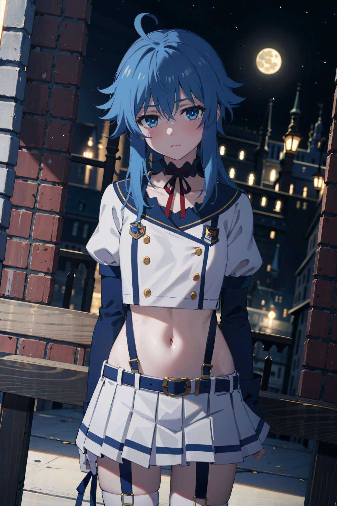 best quality, (masterpiece:1.2), detailed, medieval,<lora:chara_Rokuaka_ReLRayford_v1:0.8>, Re=L Rayford,1girl, solo, closed mouth, short hair with long locks, blue hair, ponytail, blue eyes, red ribbon, sidelocks, ahoge,school uniform, suspenders, white shirt, blue choker, choker, miniskirt, white skirt, navel, gloves,standing, from angle, looking at the viewer,indoors, castle, night, moon, cloud, <lora:night-r:0.3>