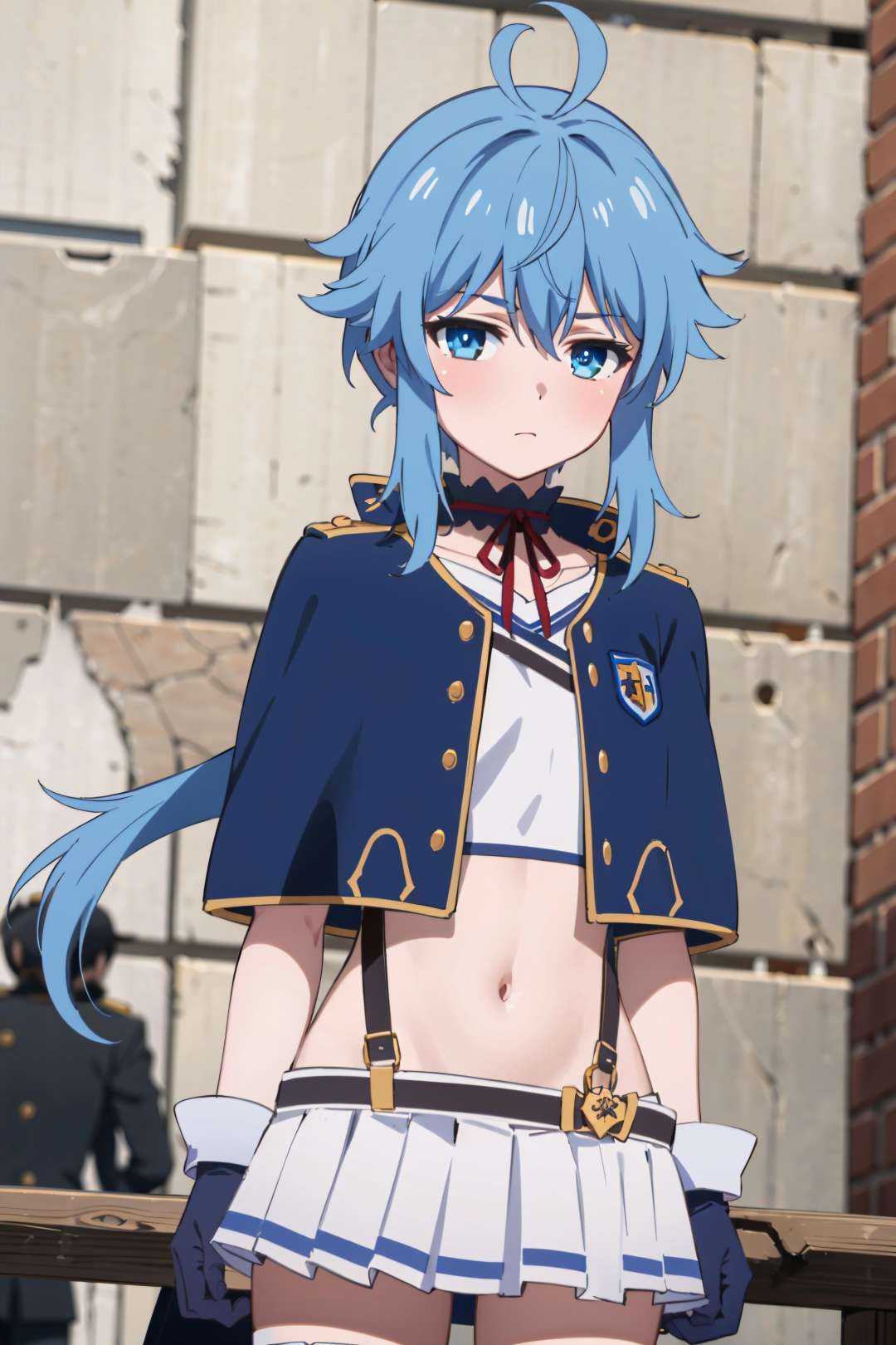 best quality, (masterpiece:1.2), detailed, medieval,<lora:chara_Rokuaka_ReLRayford_v1:0.8>, Re=L Rayford,1girl, solo, closed mouth, short hair with long locks, blue hair, ponytail, blue eyes, red ribbon, sidelocks, ahoge,school uniform, suspenders, blue capelet, white shirt, blue choker, choker, miniskirt, white skirt, navel, gloves,standing, looking at the viewer,oudoors, castle