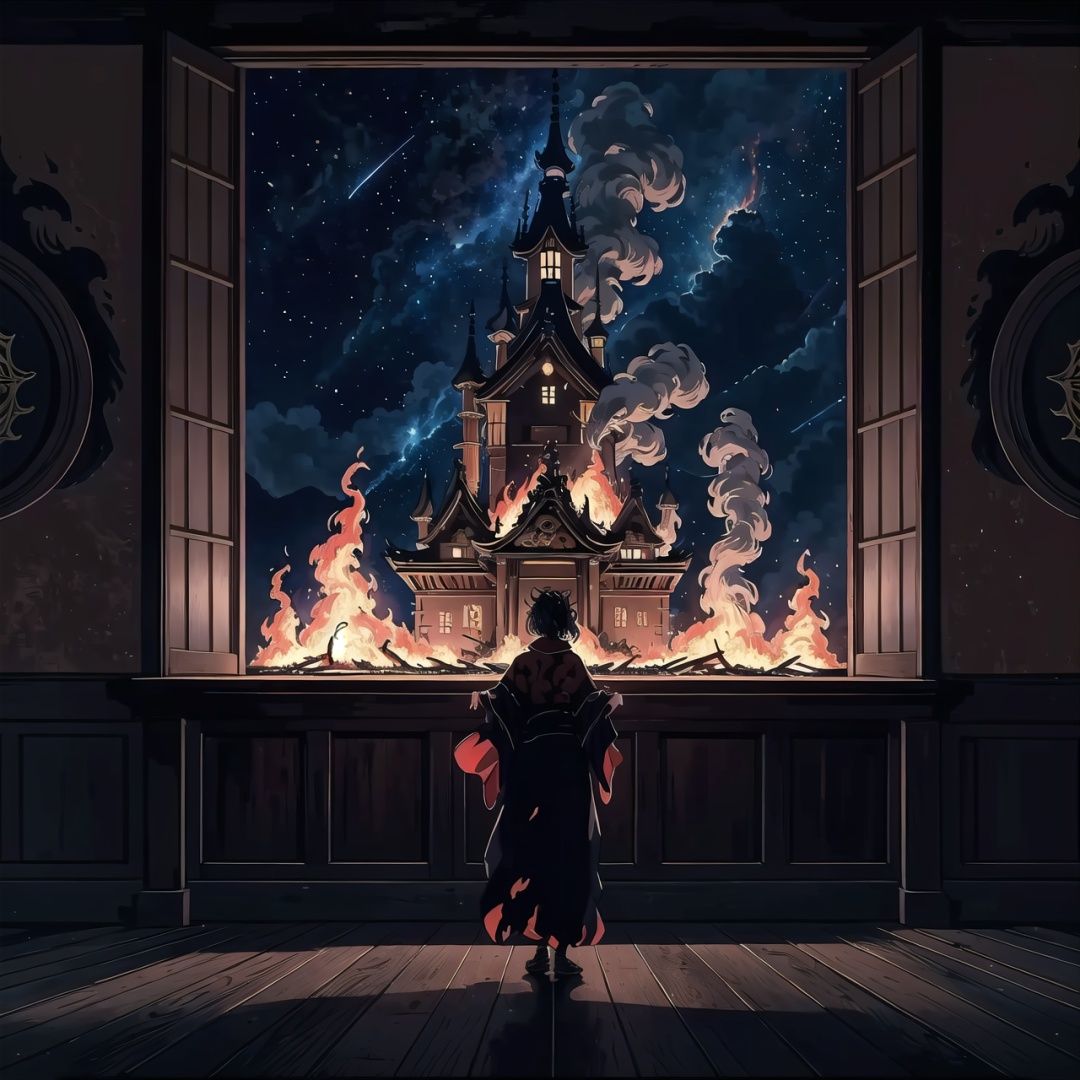 Witness a depiction of a royal Japanese castle engulfed in flames. embers,  floating embers,  This haunting artwork captur...