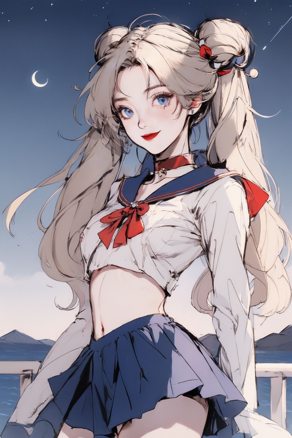 (a naked girl),((best quality)),((masterpiece)),  20-year-old girl, waist shot, smile, sailor moon,long hair,jewelry, sailor senshi uniform, blue sailor collar,((blonde hair)), red choker, twintails, red bow, blue skirt, blue eyes, hair bun,sailor moon,tsukino usagi, bokeh, night sky background, moon, star,flowers,qingsha,shidudou,huliya, perperf hands
