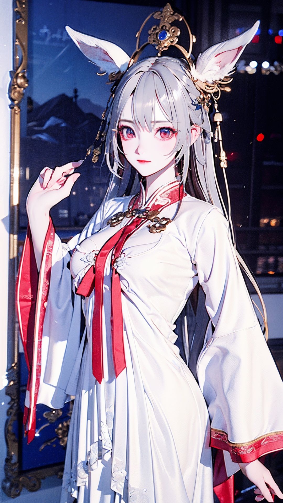 (guanyin:1.3),(1girl:1.8),(solo:1.8), beautiful, ultra realistic, ultra clear image quality, 8k, exquisite landscape background, enchanting figure,hand placed behind, background with Holy Light Rune flashing, soft light. The water below shimmered with light. The other shore flower has a large chest, a navel exposed, Official art, unit 8K wallpaper, ultra detailed, beautiful and aesthetically pleasing, masterpiece, best quality, very detailed, dynamic angle, paper skin, elegant, fauvi** design, visual color, romantici**, divine realm In a painting, standing on sea, and her presence radiates strength. (Masterpiece, best quality, more details, vertical, realistic, realistic, one detail, clear focus, movie lighting), ray tracing, ultra wide angle, 4K, award-winning,1 little girl, masterpiece, highest quality, high quality, cute, white hair, Rabbit ears, plump figure, exposed white dress, （red eyes：1.3）, sparkling eyes, shy expression, big_breast,huliya,1 girl,yuyao