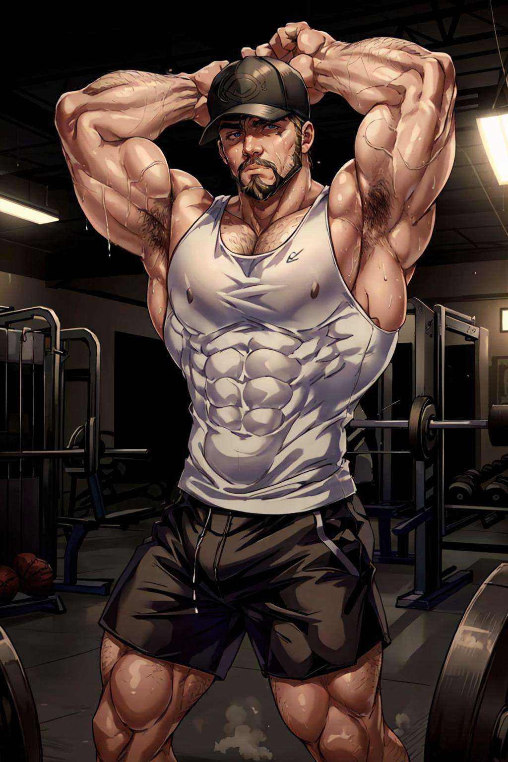 (irish man), gym, white **** top, black shorts, dynamic pose, sweaty, flexing, baseball cap, sidepec, beard, armpits,, (best quality), (masterpiece), (highly detailed), cinematic, (detailed background), depth of field, intricate details, 8k, bara, photo of a handsome man,
