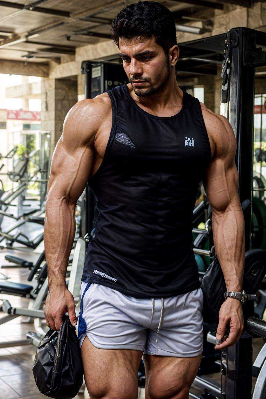 realistic, masterpiece, intricate details, detailed background, depth of field, photo of a handsome (iraqi man), gym, **** top, shorts, dynamic pose, sweaty, carrying bag,