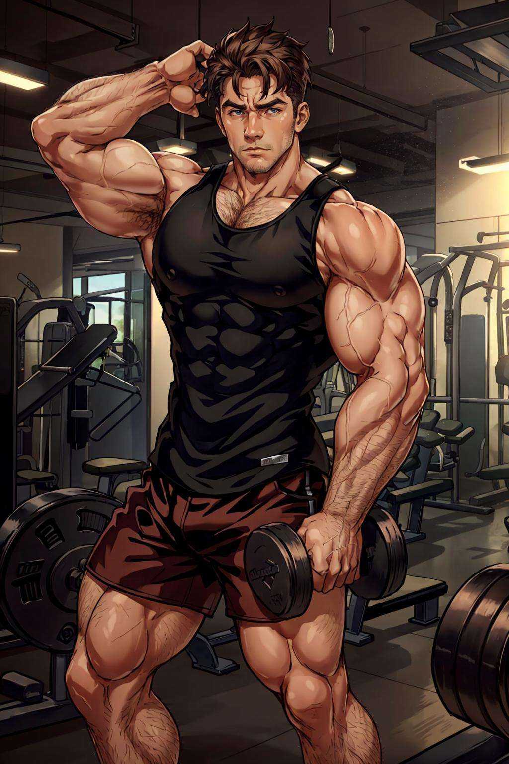 (finnish man), gym, **** top, shorts, holding dumbbell, dynamic pose,, (best quality), (masterpiece), (highly detailed), cinematic, (detailed background), depth of field, intricate details, 8k, bara, photo of a handsome man,