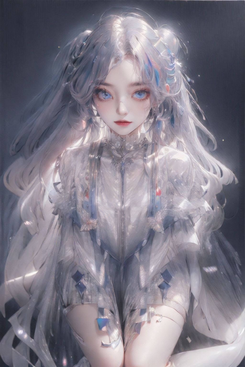 ((best quality)),((masterpiece)), 20-year-old girl, knee shot, hair fluttering, (long hair),jewelry,  twintails, hair bun, 

chromatic dispersion, glowing colors, 
(metallic_lustre:1.3), (transparent_plastic:1.1), coloured glaze, Polychromatic prism effect, rainbowcore, iridescence/opalescence, see_through, aluminum foil, glowing ambianc, 
night sky city background, neon, star, standard-breast, ,liuli2