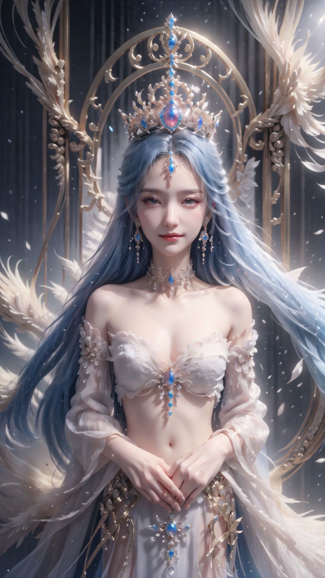 Wearing white lace gloves,Hand refinement,With a smile on your face,wearing a crown,Sea of Flowers,queen temperament,red bellyband,Hide Finger,Bust D Cup,red pupil,Dressed in tulle,shawl long hair,blue theme hair,Highest picture quality,upper body,Arms open,Facial refinement,a beautiful woman,by the creek,Falls Stream